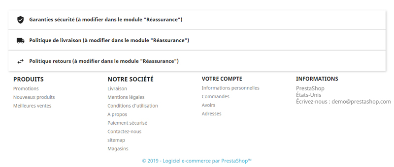 Ajouter le bloc réassurance PrestaShop 1.7 dans le pied de page (Footer)